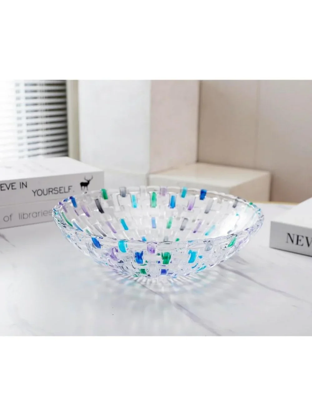 Hand Painted Blue Woven Glass Crystal Bowl - Decorative Centerpiece for Home